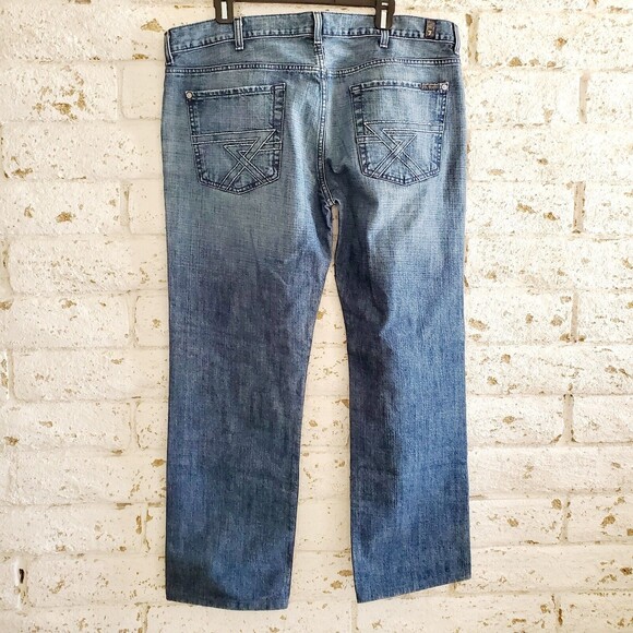 7 For All Mankind Standard Mens 38 Jeans ButtonFly Blue Wash Distressed Denim - Picture 2 of 11